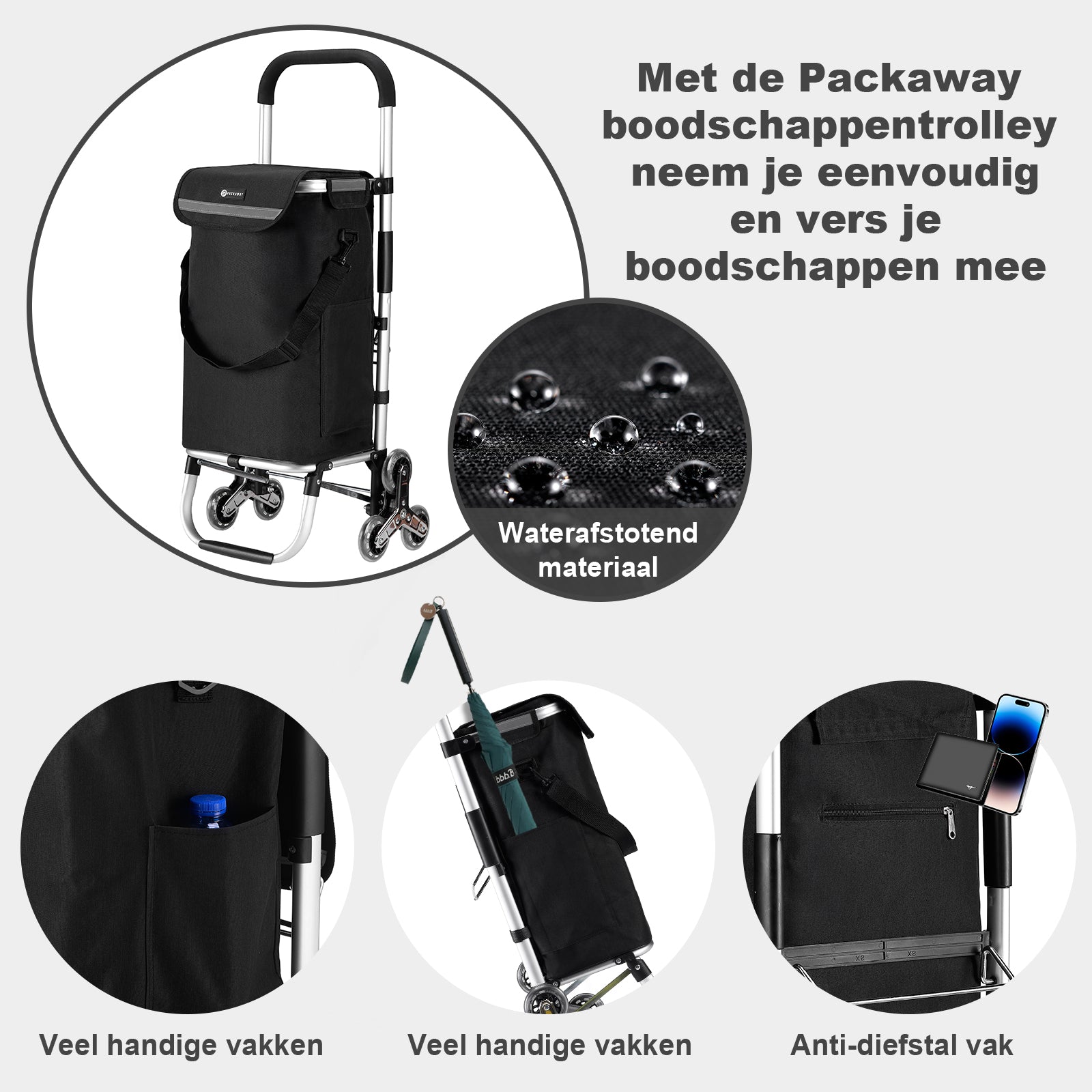 Boodschappentrolley 40L  met trapwielen zwart - winkelwagen ophanging - opvouwbaar - telescopisch handvat