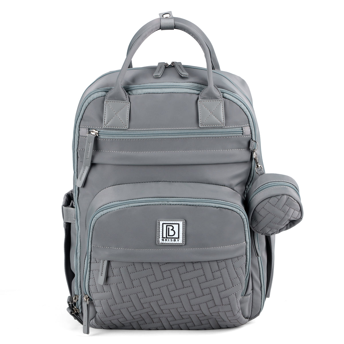 Brisby Premium Luiertas – Uitgebreide en Functionele Verzorgingstas – met buggymontage – Anti Diefstal Vakken - Reistrolley Sleeve - Inclusief verschoonmatje t.w.v.15,99 euro en speenhouder - Levenslange Garantie - Misty Grey