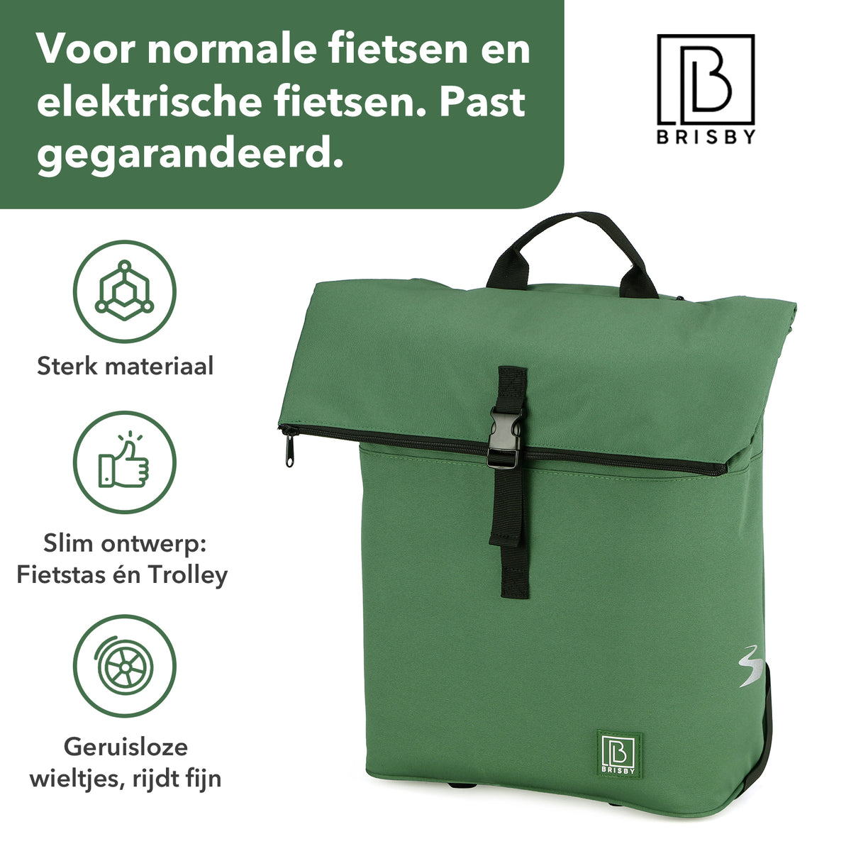 Fietstrolley Tas 2-in-1 Fietstas en Trolley Zwart 18-28L Laptopvak Verstelbare Hendel Bevestigingssysteem - Groen