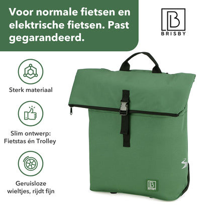 Fietstrolley Tas 2-in-1 Fietstas en Trolley Zwart 18-28L Laptopvak Verstelbare Hendel Bevestigingssysteem - Groen