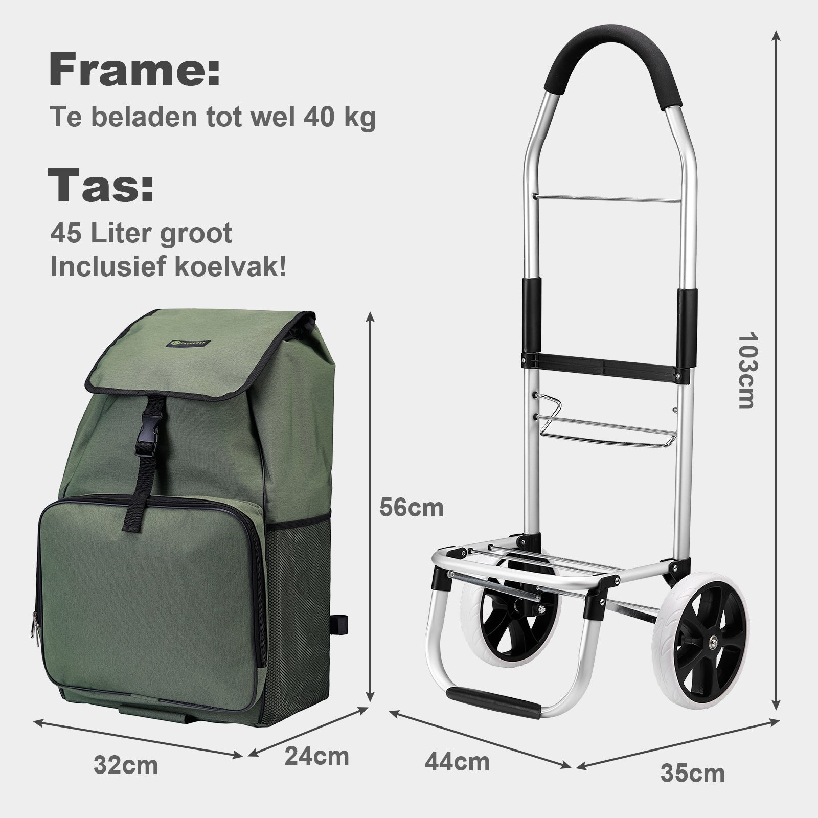 Boodschappentrolley 45L groen - winkelwagen ophanging - opvouwbaar - telescopisch handvat