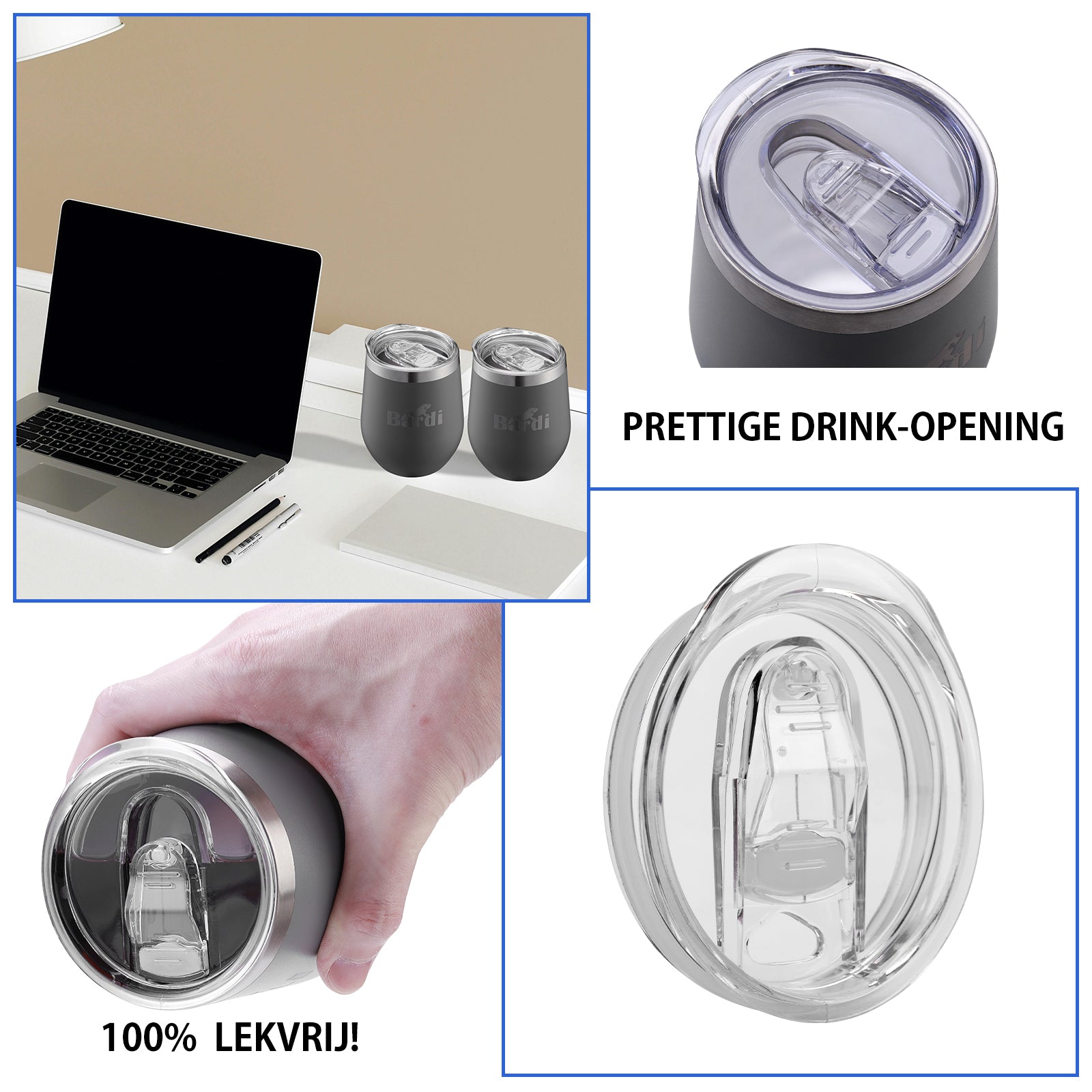Bardi Thermosbekers 0,3L RVS grijs set -  incl. deksels - dubbelwandig