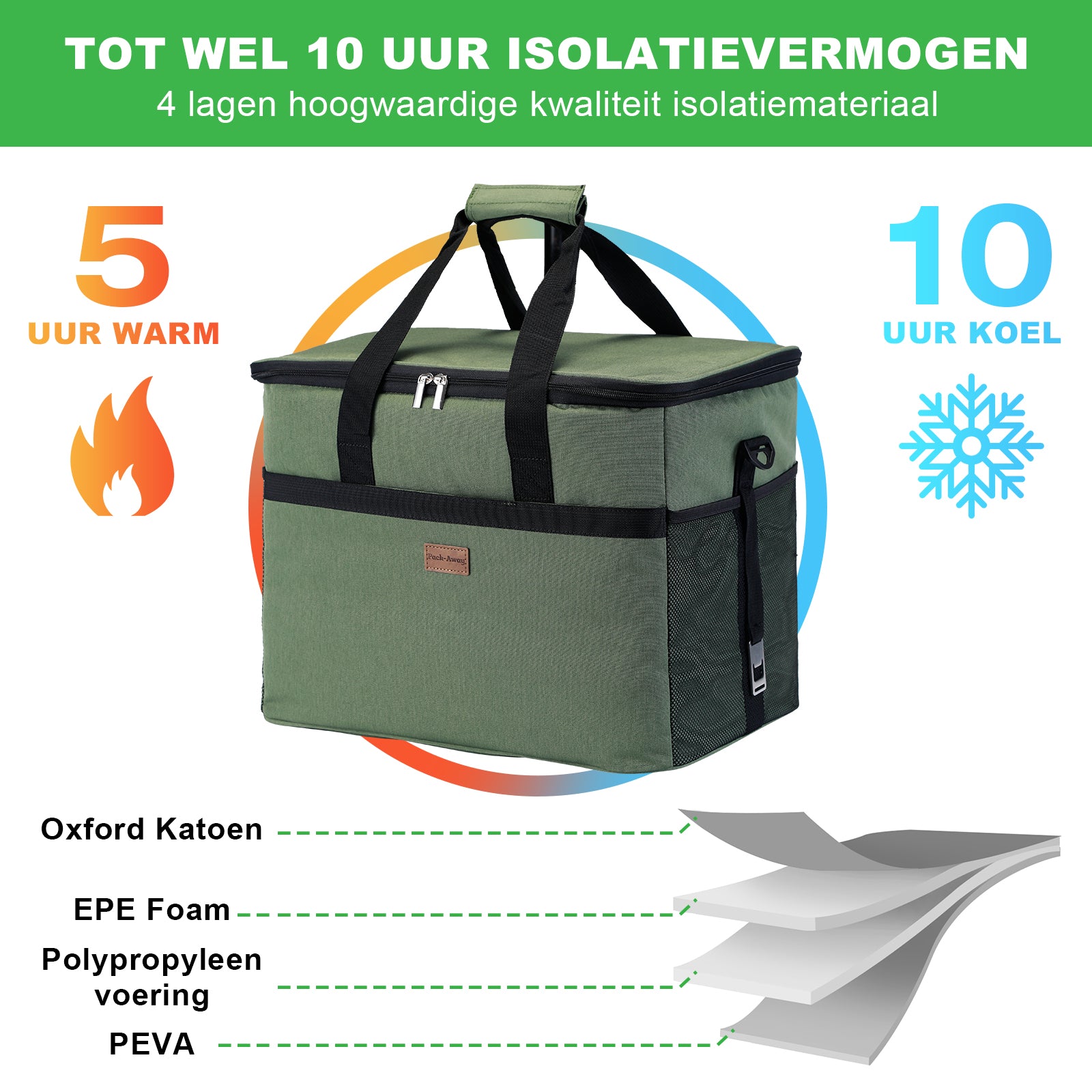 Koeltas 40L met divider groen - lunchtas - opvouwbaar - 4-laags geïsoleerd - incl. 6 gratis koelelementen en draagband