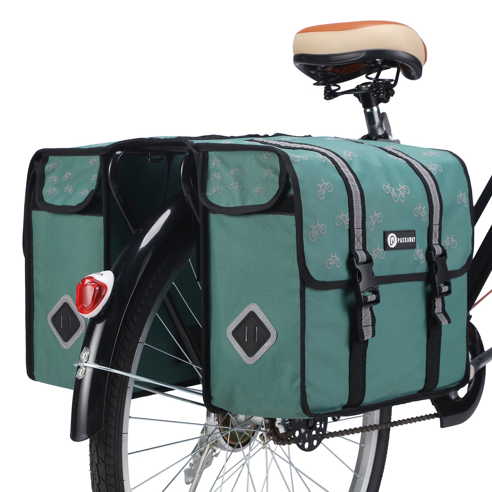 Packaway Dubbele Fietstassen 36L patroon zwart groen - waterdicht - reflectie