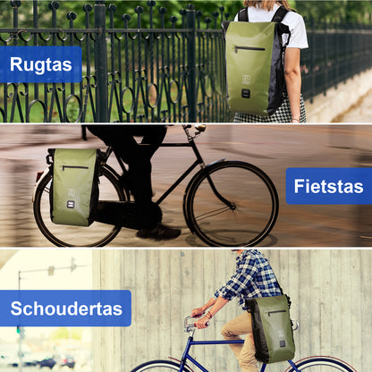 3 in 1 waterproof rolltop bicycle bag set 40-52L green - reflective - high visibility - bicycle bag - backpack - shoulder bag