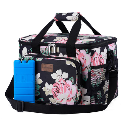 Koeltas 15L koeltas black flower - lunchtas - 4-laags geïsoleerd - opvouwbaar - incl. 2 gratis koelelementen en draagband