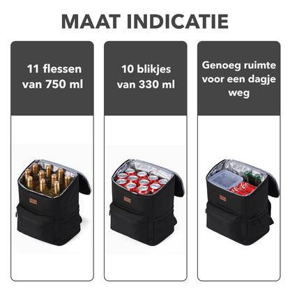 Koeltas rugzak 25L zwart - Waterafstotend - anti diefstal vak - 4 laags geïsoleerd - Incl. 2 gratis koelelementen en gratis flessenopener