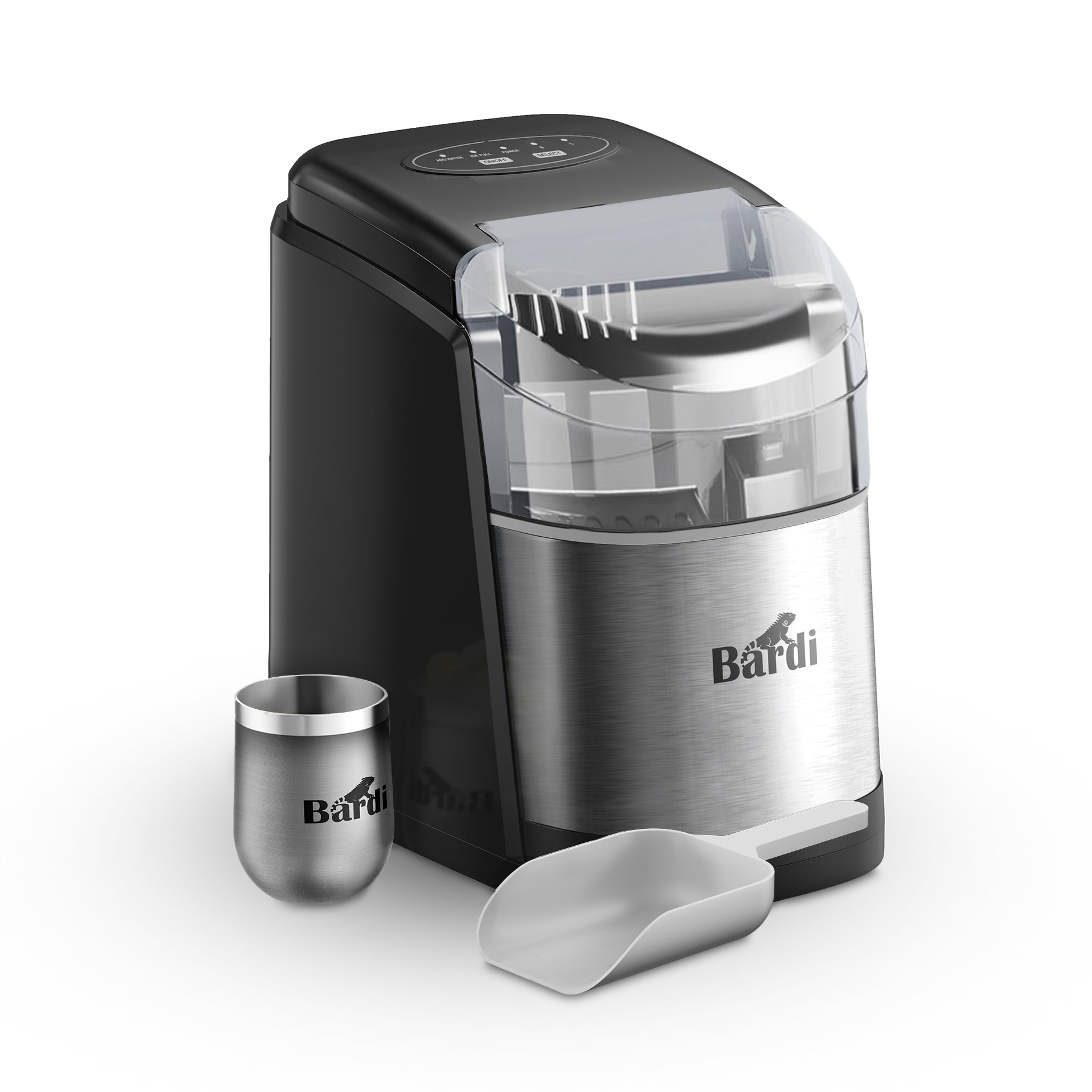 Bardi Deluxe Ice Cube Machine 1.6L black stainless steel - Self-cleaning function - ice cube maker with ice scoop - Incl. luxury thermos cup and ice scoop