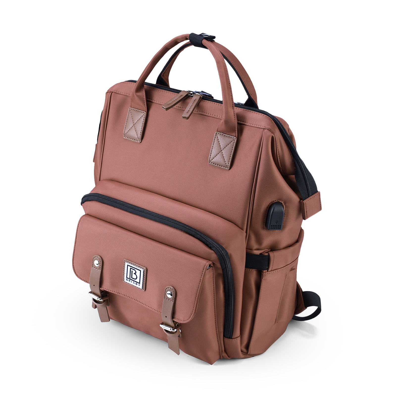 Stayopen diaper bag red-brown - care bag - stay-open frame - USB charging function - incl. buggy mounting and changing mat