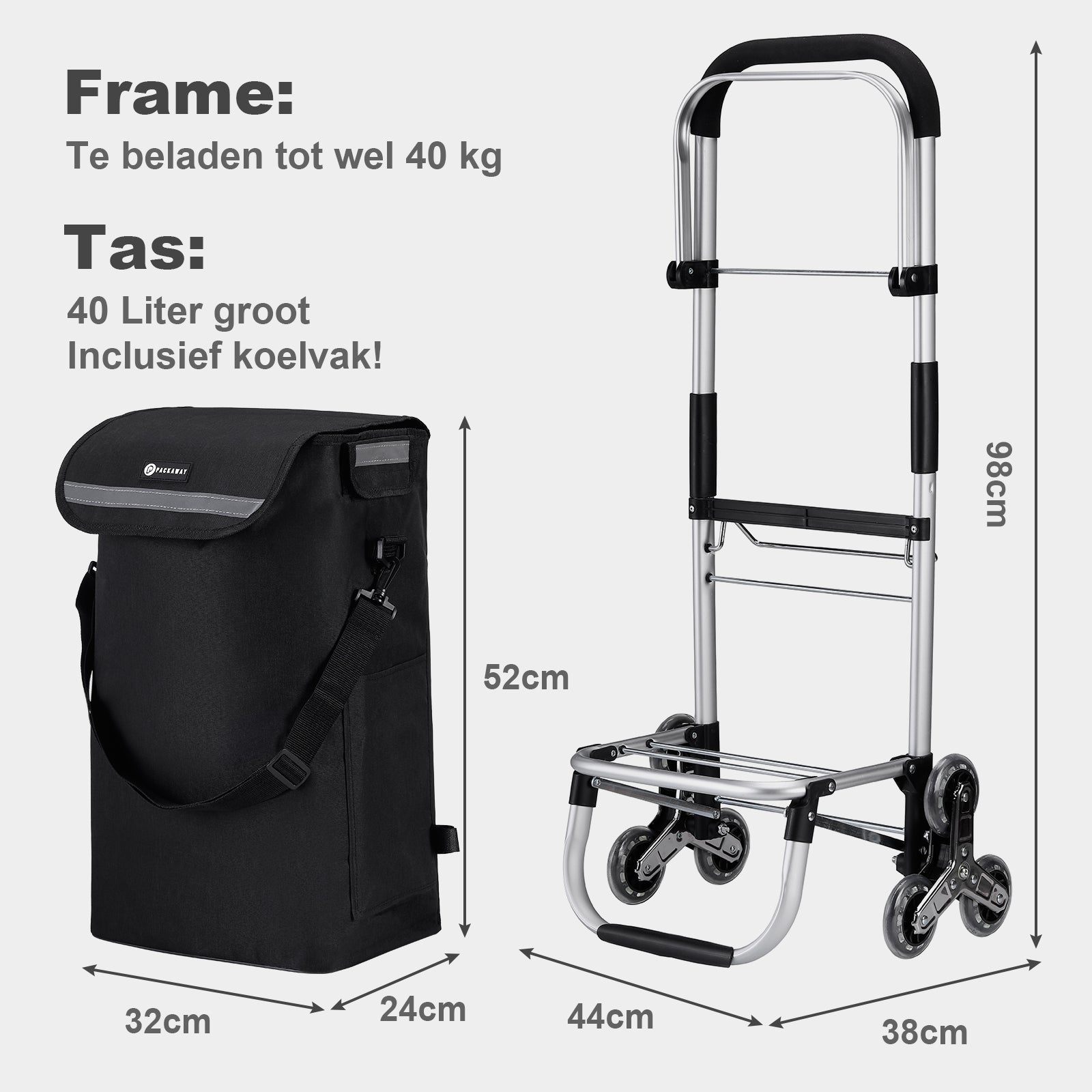 Boodschappentrolley 40L  met trapwielen zwart - winkelwagen ophanging - opvouwbaar - telescopisch handvat