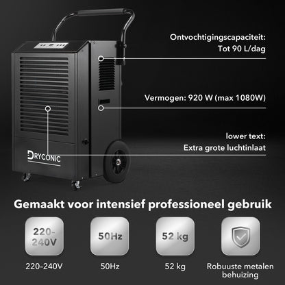 Dryconic Bouwdroger 90L - Professionele luchtontvochtiger - ContinuousDrain® - Auto-Defrost - JobSite™ metalen behuizing - Extra grote luchtinlaat