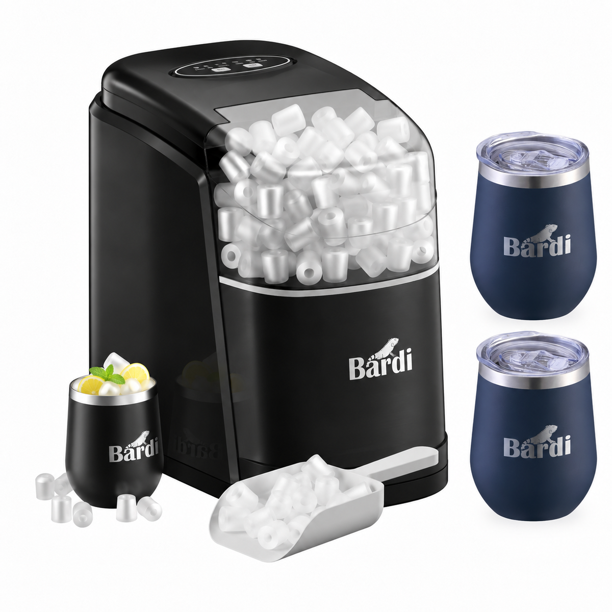 Bardi IJsblokjesmachine set 1,6L zwart - incl. 3 thermoscups blauw en ijsschep