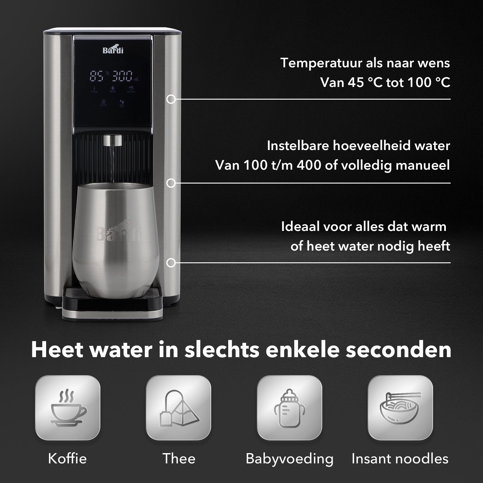 Bardi Heetwaterdispenser 2,6L RVS met STRIX filter -  incl. thermoscup + onderzetter