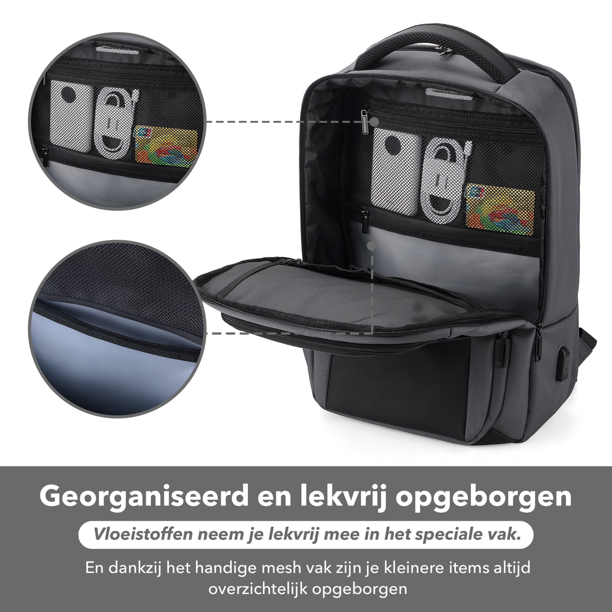Brisby Rugzak Pro 1 – Laptoprugzak tot 15,7 inch voor Werk, School en Reizen – Waterafstotend – Met Tabletvak, Antidiefstalvak en Trolleysleeve - Grijs