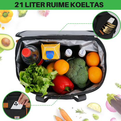 Koeltas 21L zwart - Boodschappentas - 4-laags geïsoleerd - 2 gratis koelelementen - incl. schouderriem