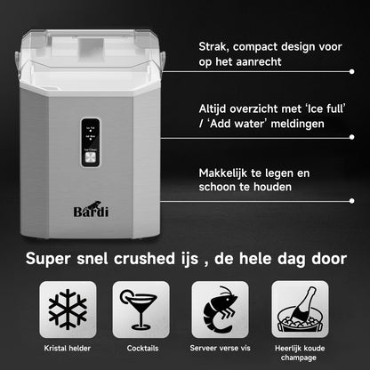 Bardi 1.1L - Nugget IJsblokjesmachine Square - Crushed Ice Maker met IJsschep - 15kg/24 uur - Ijsblokjesmaker - Met Luxe Thermosbeker - RVS met citruspers RVS