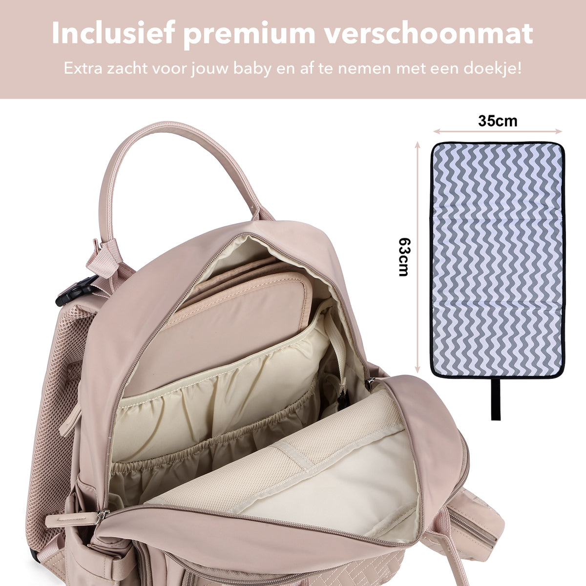 Brisby Premium Luiertas – Uitgebreide en Functionele Verzorgingstas – met buggymontage – Anti Diefstal Vakken - Reistrolley Sleeve - Inclusief verschoonmatje t.w.v.15,99 euro en speenhouder - Levenslange Garantie - Muted Rosé