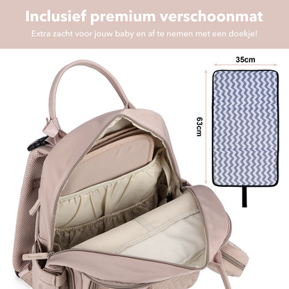 Brisby Premium Luiertas – Uitgebreide en Functionele Verzorgingstas – met buggymontage – Anti Diefstal Vakken - Reistrolley Sleeve - Inclusief verschoonmatje t.w.v.15,99 euro en speenhouder - Levenslange Garantie - Muted Rosé