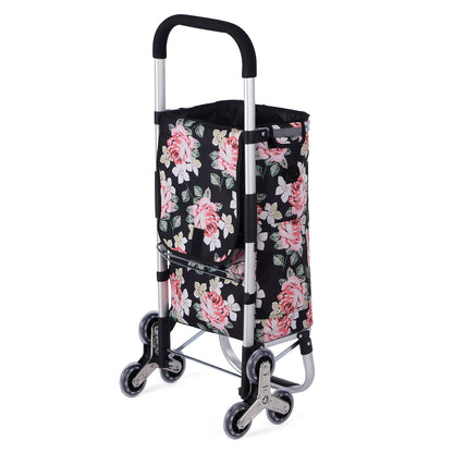Packaway Boodschappentrolley met Trapwielen 40 Liter - Opvouwbare Boodschappenwagen met ruim Koelvak - Black Flower