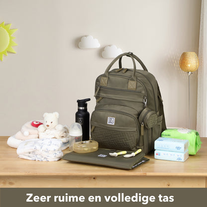 Brisby Premium Luiertas – Uitgebreide en Functionele Verzorgingstas – met buggymontage – Anti Diefstal Vakken - Reistrolley Sleeve - Inclusief verschoonmatje t.w.v.15,99 euro en speenhouder - Levenslange Garantie - Olive Green