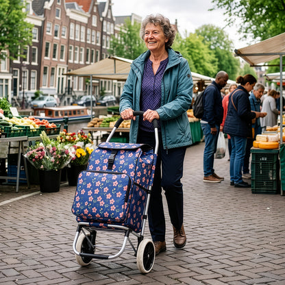 Packaway Boodschappentrolley 45L met Koelvak - Boodschappenwagen met Grote Wielen - Steekwagenfunctie - Waterafstotend - Blue Blossom