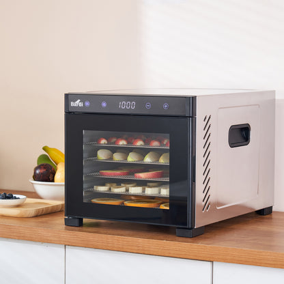 Bardi Voedseldroger 6-laags 650W RVS - 24-uurs timer - led-bedieningspaneel - incl. 6 inlegvellen en voedseltang