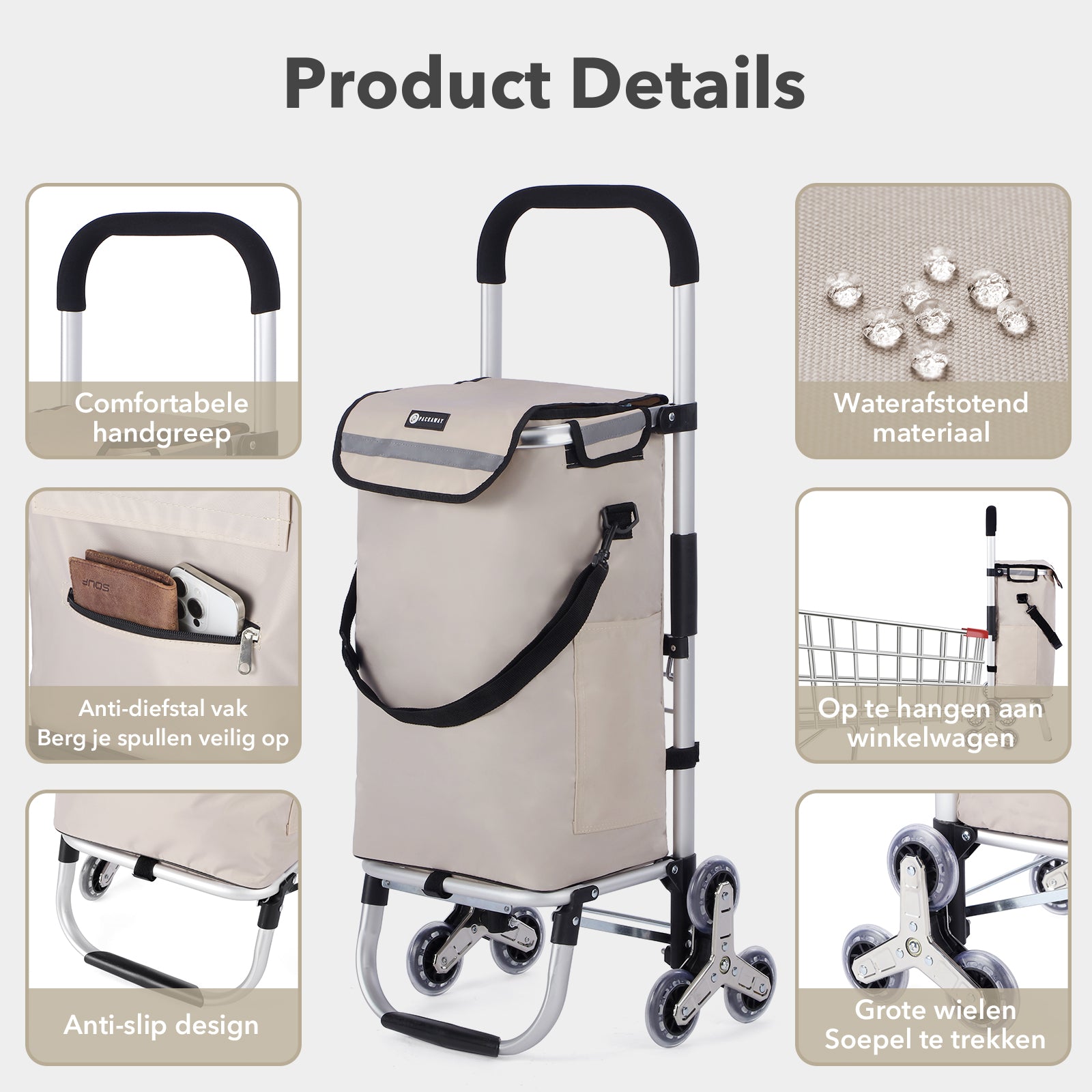 Packaway Boodschappentrolley met 6 Wielen voor Trappen - 40L - Boodschappenwagen - Steekwagen Functie - Champagne