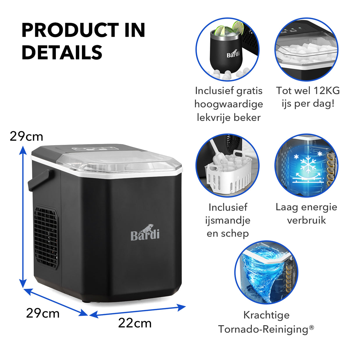 Bardi 1.3L Deluxe IJsblokjesmachine Square – IJsblokmaker Inclusief Luxe Thermosbeker en IJsschep – 9 Blokjes in 8 Minuten – ZWART