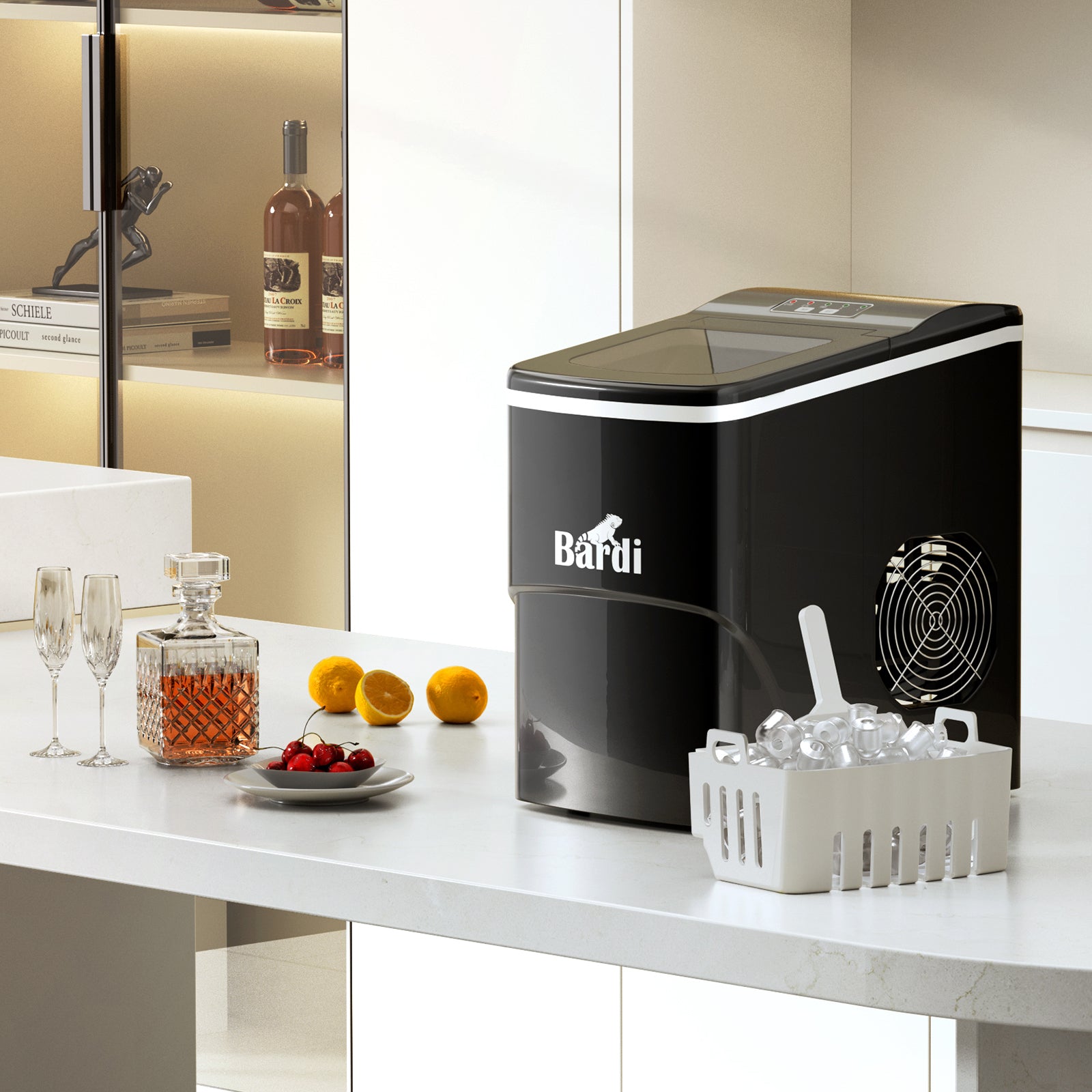 Bardi IJsblokjesmachine Set - 2 Liter - 12KG IJsblokjes in 24 uur - met IJsschep - Inclusief 1 Luxe Thermosbeker - Zwart - Citruspers RVS