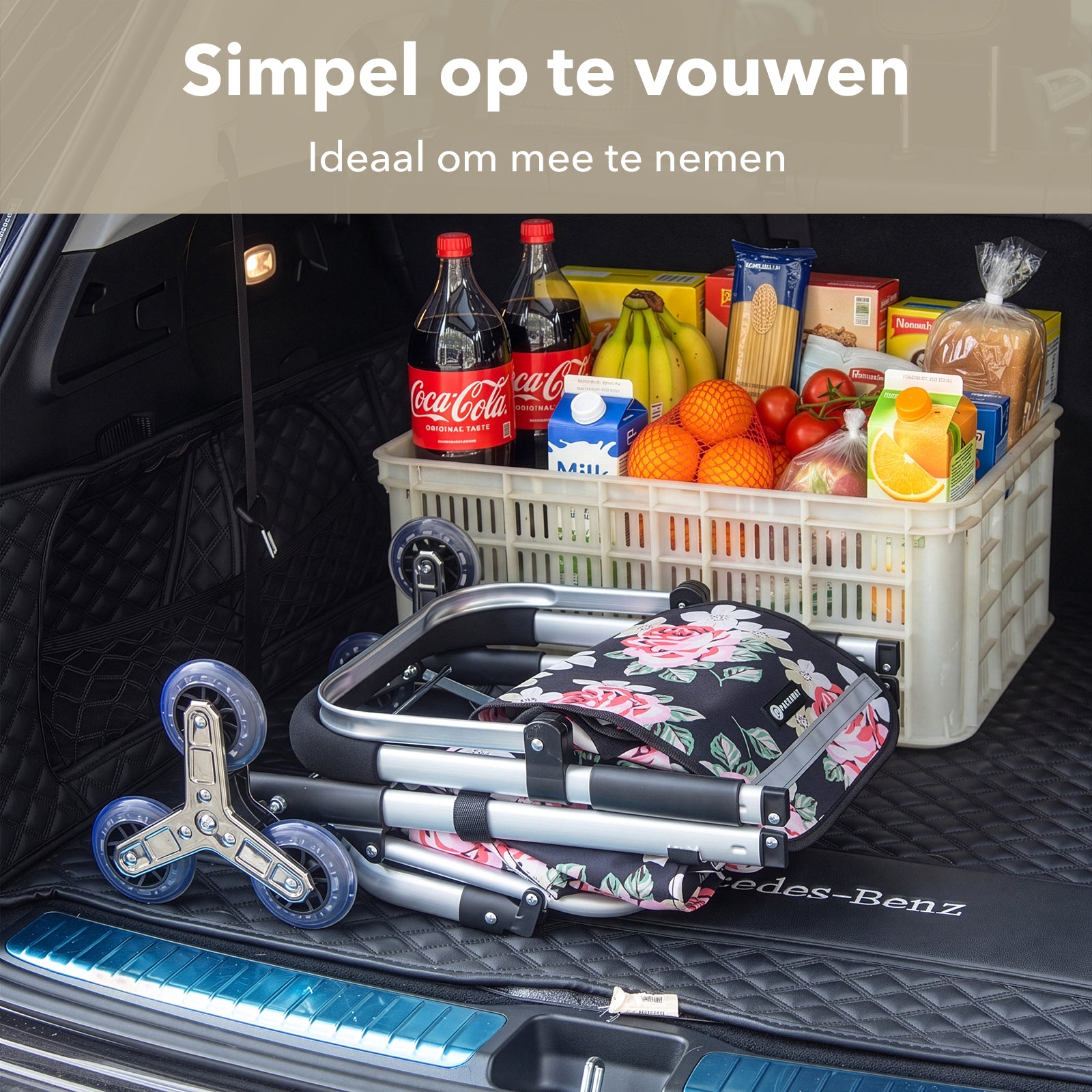 Packaway Boodschappentrolley met Trapwielen 40 Liter - Opvouwbare Boodschappenwagen met ruim Koelvak - Black Flower