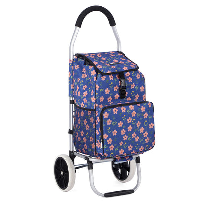 Packaway Boodschappentrolley 45L met Koelvak - Boodschappenwagen met Grote Wielen - Steekwagenfunctie - Waterafstotend - Blue Blossom