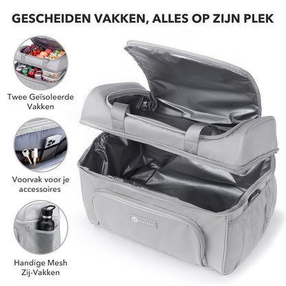 Packaway Koeltas 20L - Lunchtas - Inclusief 4 Koelelementen - Dubbel Compartiment - 4-Laags Geïsoleerd - Waterafstotend - Modern Grey