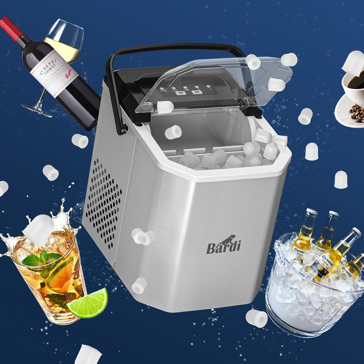 Bardi 1.3L Deluxe IJsblokjesmachine Square – IJsblokmaker Inclusief Luxe Thermosbeker en IJsschep – 9 Blokjes in 8 Minuten – GUNMETAL RVS