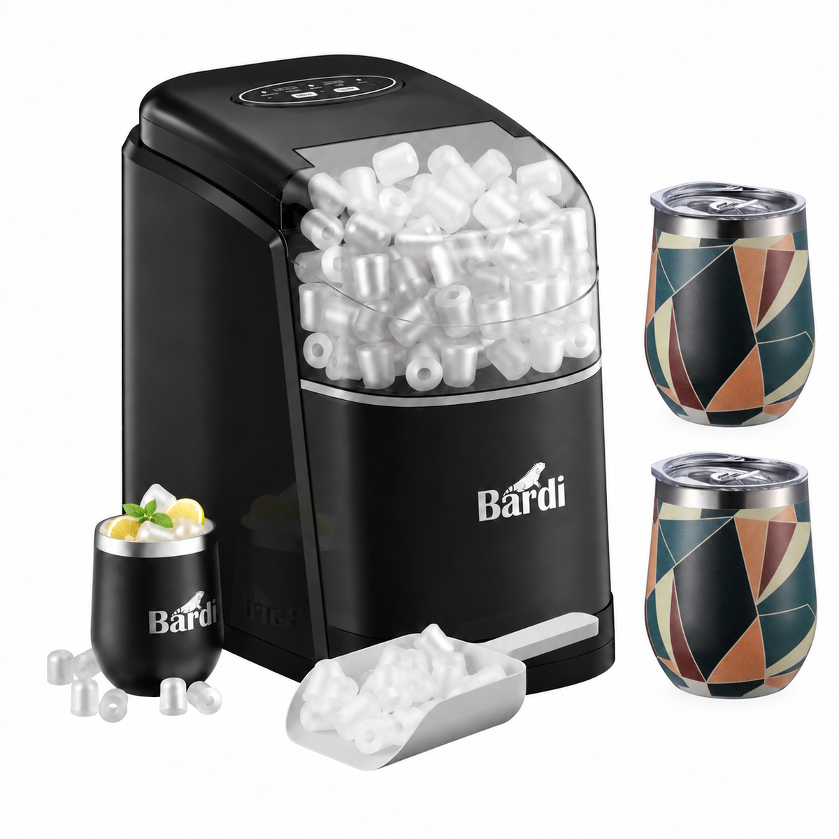 Bardi IJsblokjesmachine set 1,6L zwart - incl. 3 thermoscups abstract colours en ijsschep