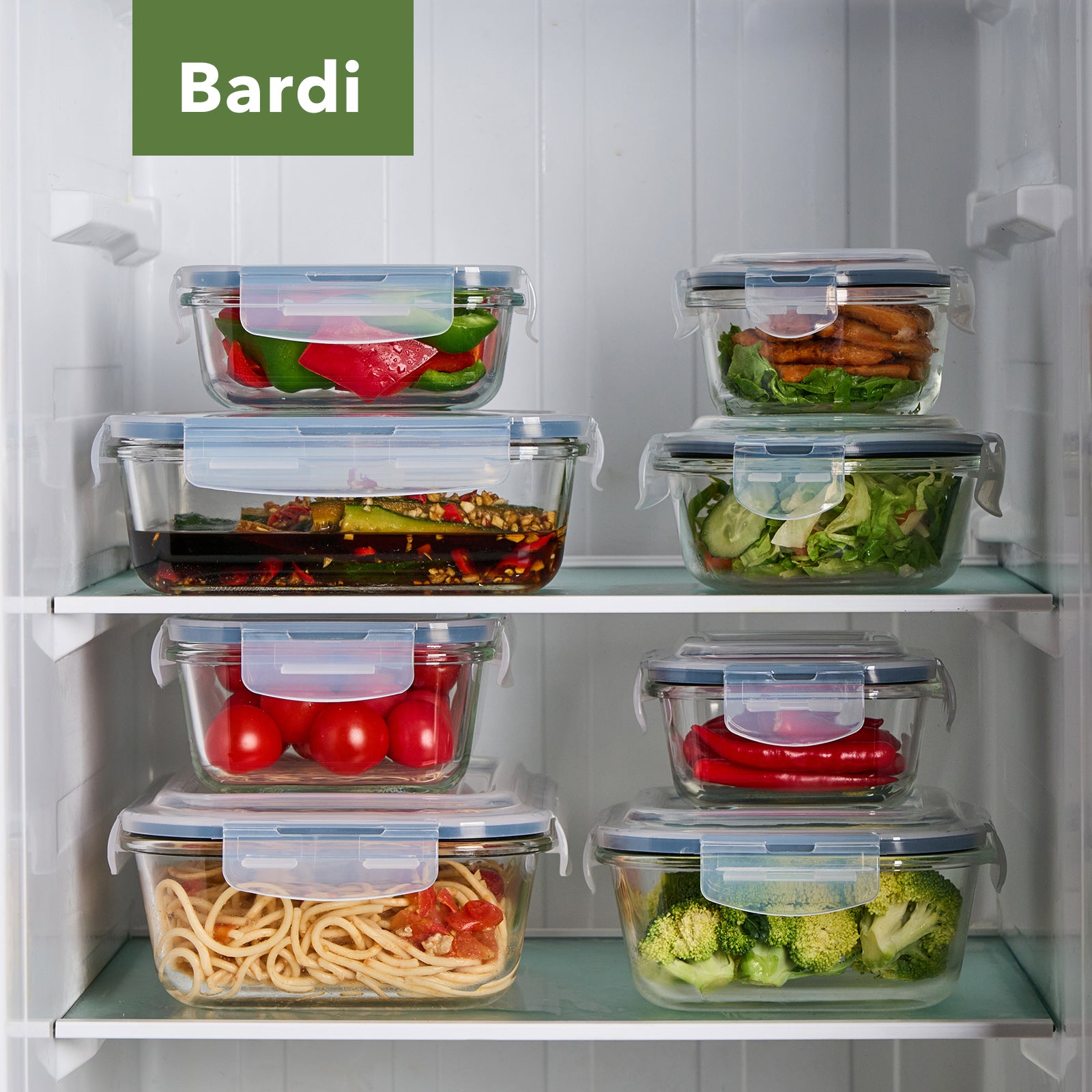 Bardi Glazen Vershoudbakjes 9-delig – Meal Prep Bakjes – Luchtdicht & Lekvrij – Oven, Magnetron & Vriezer – 9 Wondersponzen + 40 Prep & Store Labels