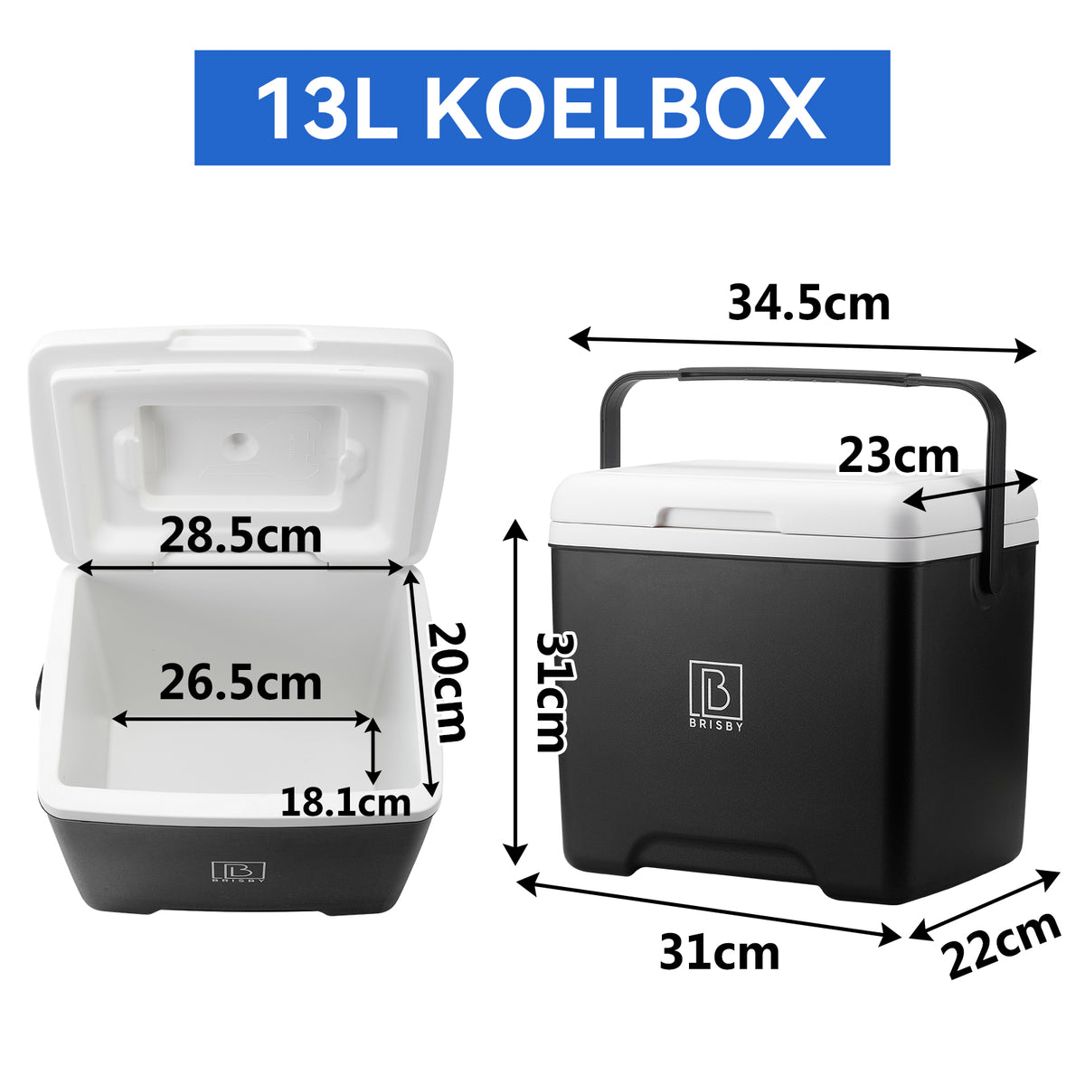 Brisby Koelbox - Frigobox - 13L- Zwart- Tot maximaal 40 uur isolatie - Incl. 2 dikke koelelementen van 450ml - Met koelelementen vergrendeld in deksel en Brisby 500ml Zwarte Dubbelwandige Thermosfles