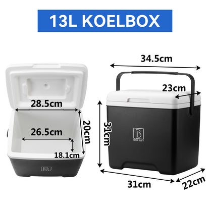 Brisby Koelbox - Frigobox - 13L- Zwart- Tot maximaal 40 uur isolatie - Incl. 2 dikke koelelementen van 450ml - Met koelelementen vergrendeld in deksel en Brisby 500ml Zwarte Dubbelwandige Thermosfles