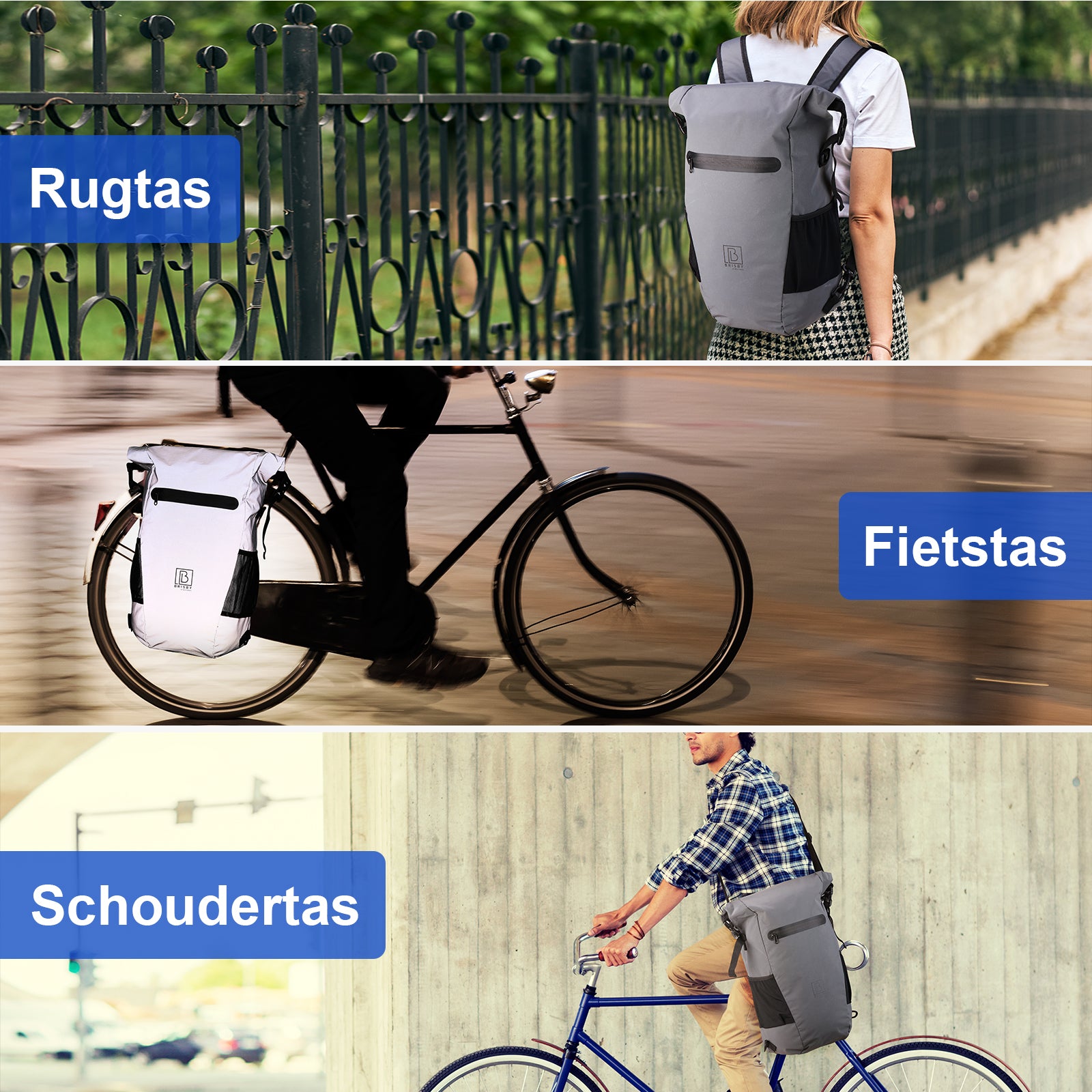 3 in 1 waterdichte rolltop fietstas set 40-52L grijs - 100% reflectie - hoge zichtbaarheid - fietstas - rugtas - schoudertas