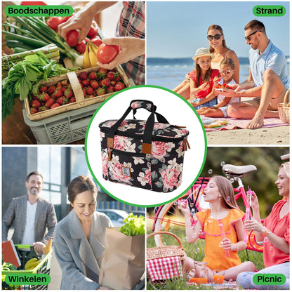 Koeltas 21L zwarte bloemen - GRATIS mealbox - boodschappentas - 4-laags geïsoleerd - incl. 2 gratis koelelementen en schouderband