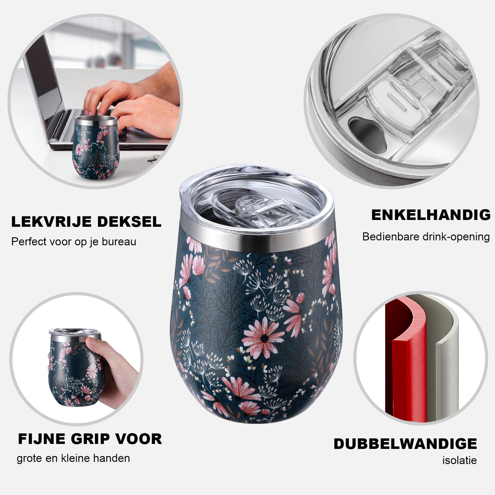 Set RVS thermosbekers japanese flower - 0,3L - met deksels - dubbelwandig