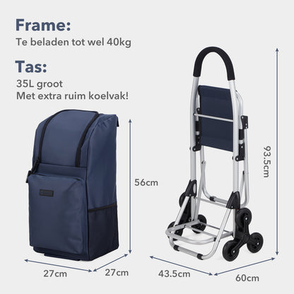 Packaway 35L Boodschappentrolley met 6 Wielen voor Trappen - Klapstoel Functie - Steekwagen Functie - Geïsoleerd - Afneembare Rugzak - Blauw