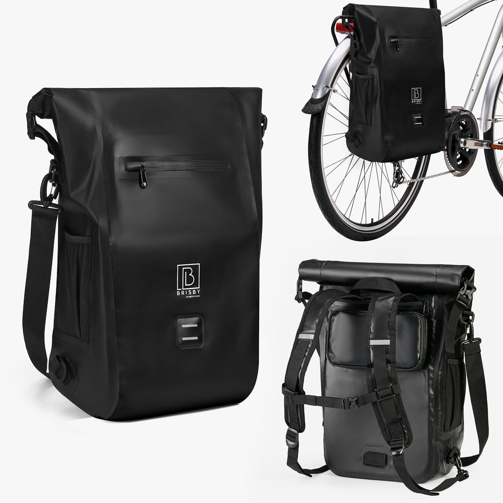 3 in 1 waterdichte rolltop fietstas set 40-52L zwart - hoge zichtbaarheid - fietstas - rugtas - schoudertas