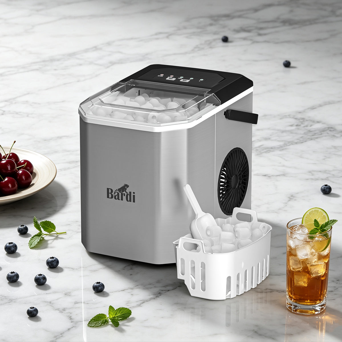 Bardi 1.3L Deluxe IJsblokjesmachine Square – IJsblokmaker Inclusief Luxe Thermosbeker en IJsschep – 9 Blokjes in 8 Minuten – GUNMETAL RVS