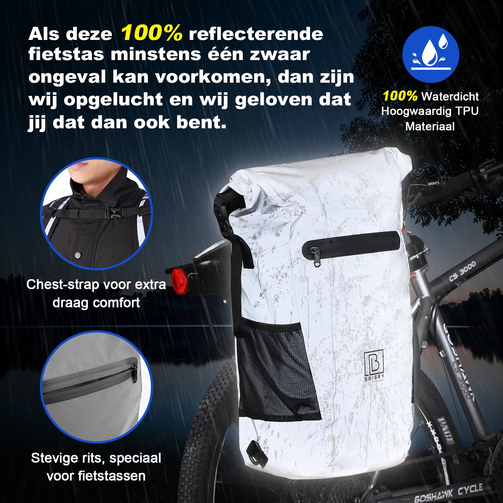 3 in 1 waterdichte rolltop fietstas 20-26L grijs - 100% reflectie - hoge zichtbaarheid - fietstas - rugtas - schoudertas