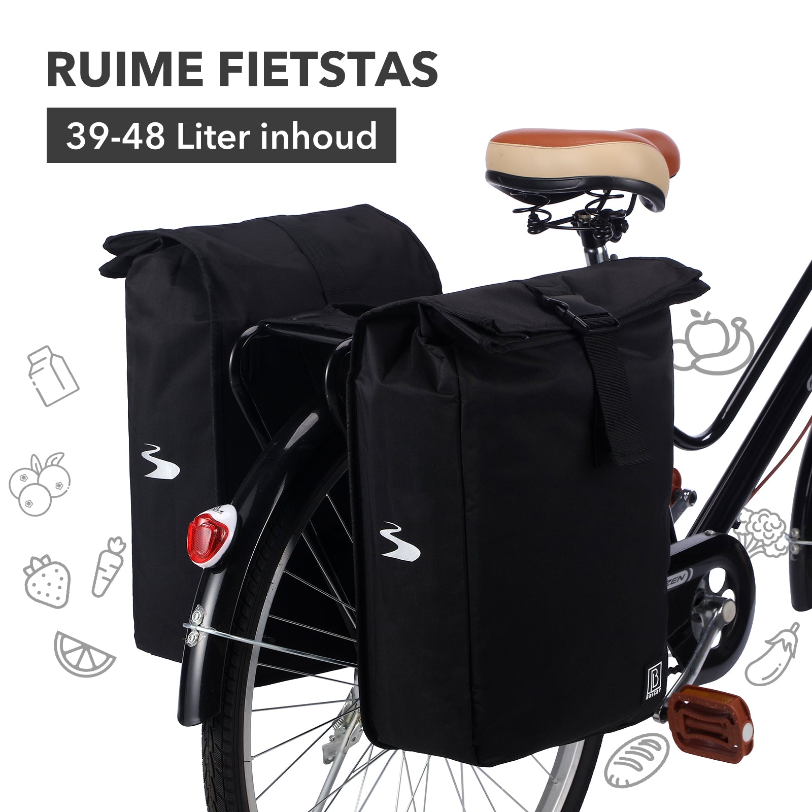 Brisby Dubbele Fietstas Rolltop Zwart 39-48L Waterdicht Geschikt voor Elektrische Fietsen & E-Bike - Zwart