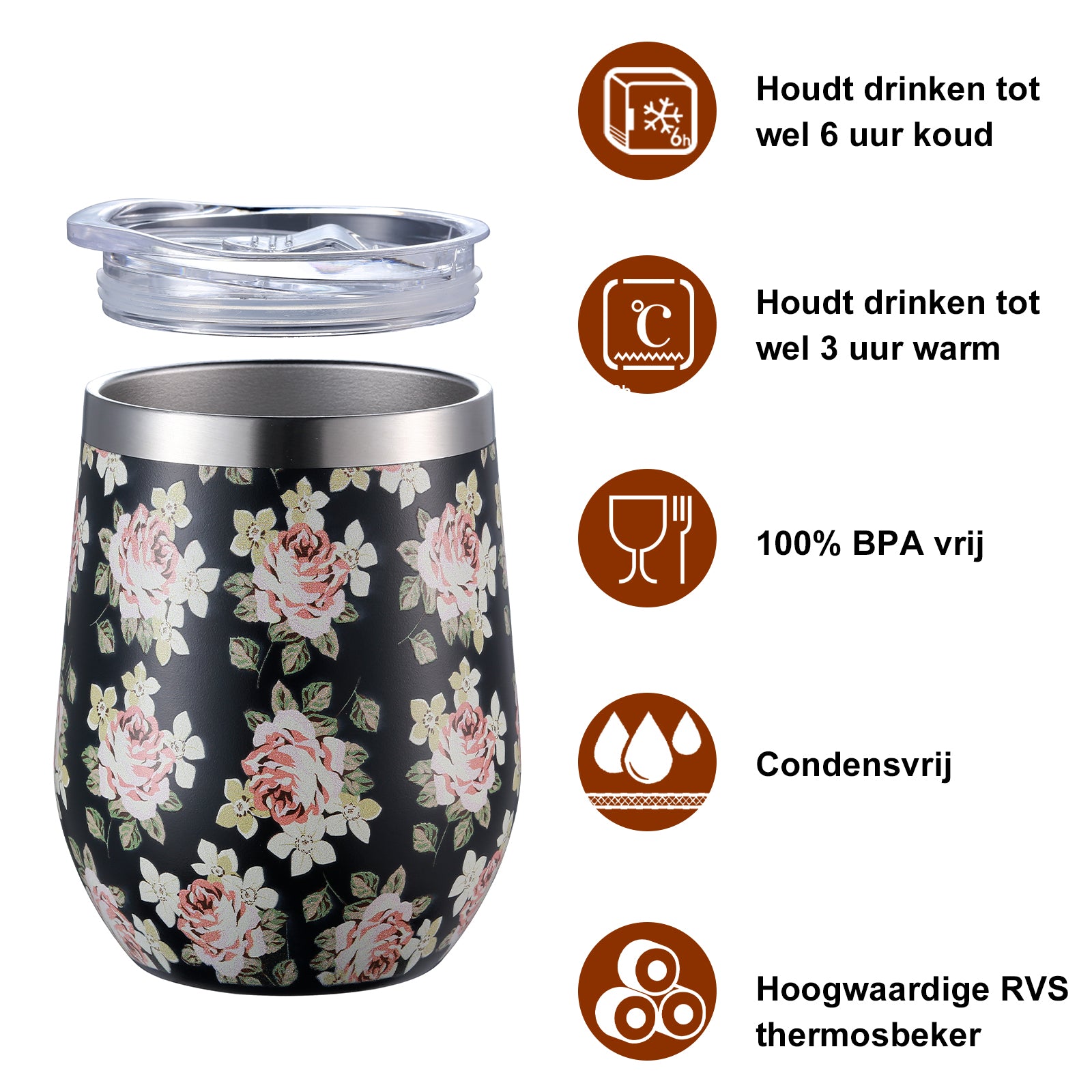 Thermosbeker set black flower - 2 bekers met lekvrije deksels - dubbelwandig - 360ml