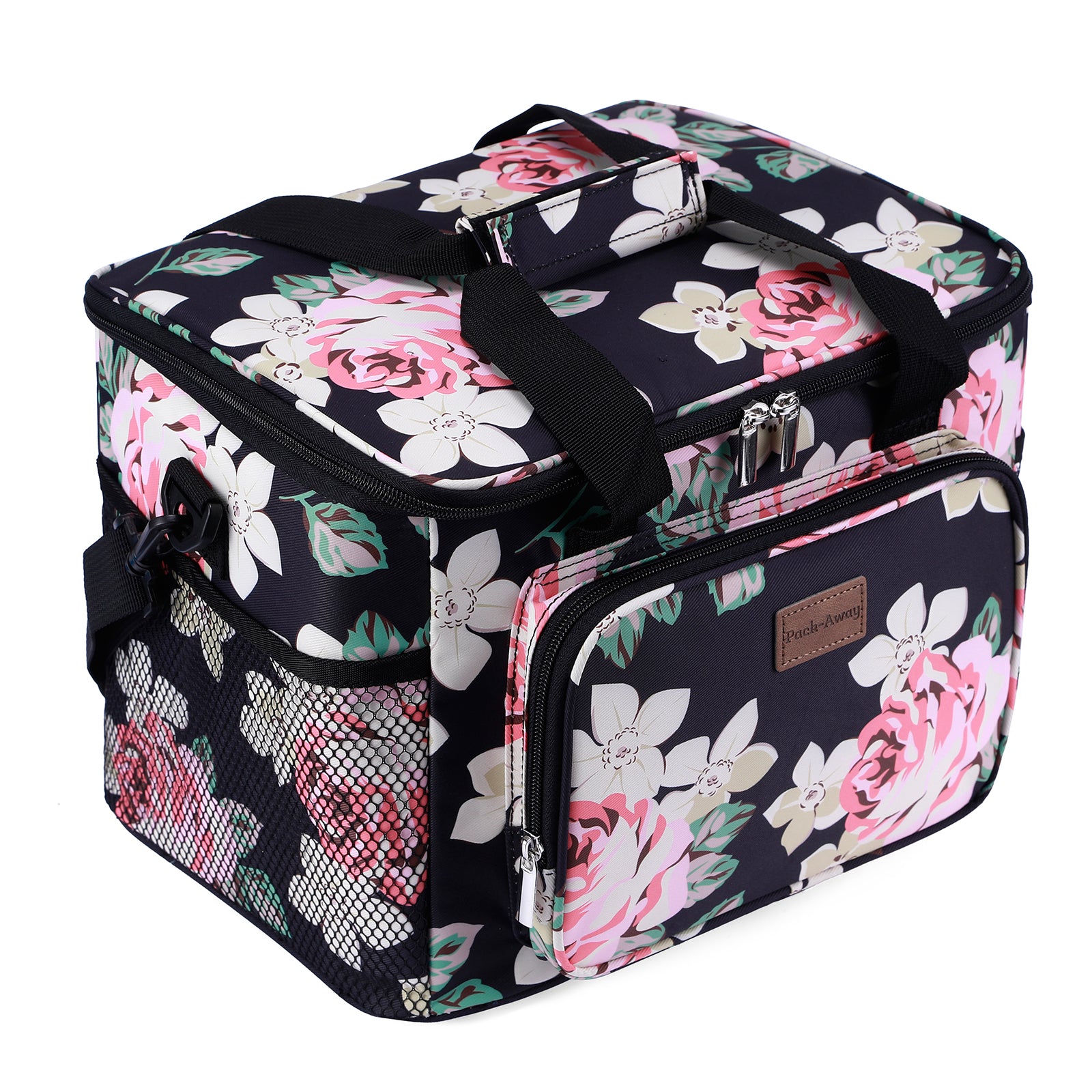 Koeltas 15L koeltas black flower - lunchtas - 4-laags geïsoleerd - opvouwbaar - incl. 2 gratis koelelementen en draagband