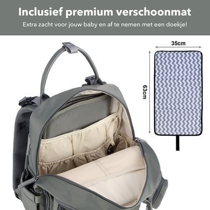 Brisby Premium Luiertas – Uitgebreide en Functionele Verzorgingstas – met buggymontage – Anti Diefstal Vakken - Reistrolley Sleeve - Inclusief verschoonmatje t.w.v.15,99 euro en speenhouder - Levenslange Garantie - Misty Green