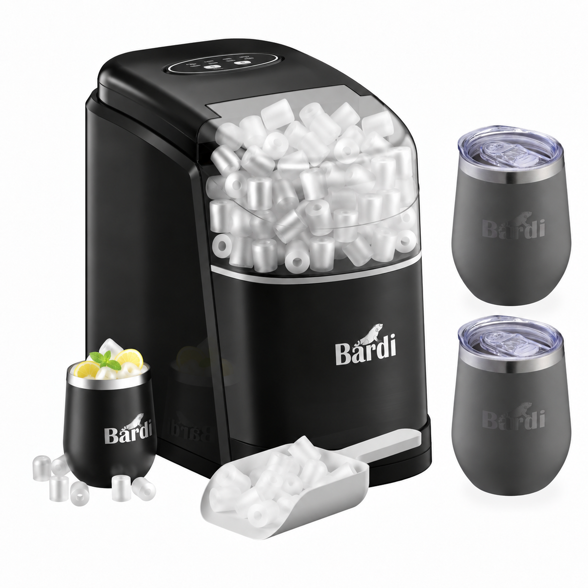 Bardi IJsblokjesmachine set 1,6L zwart - incl. 3 thermoscups grijs en ijsschep