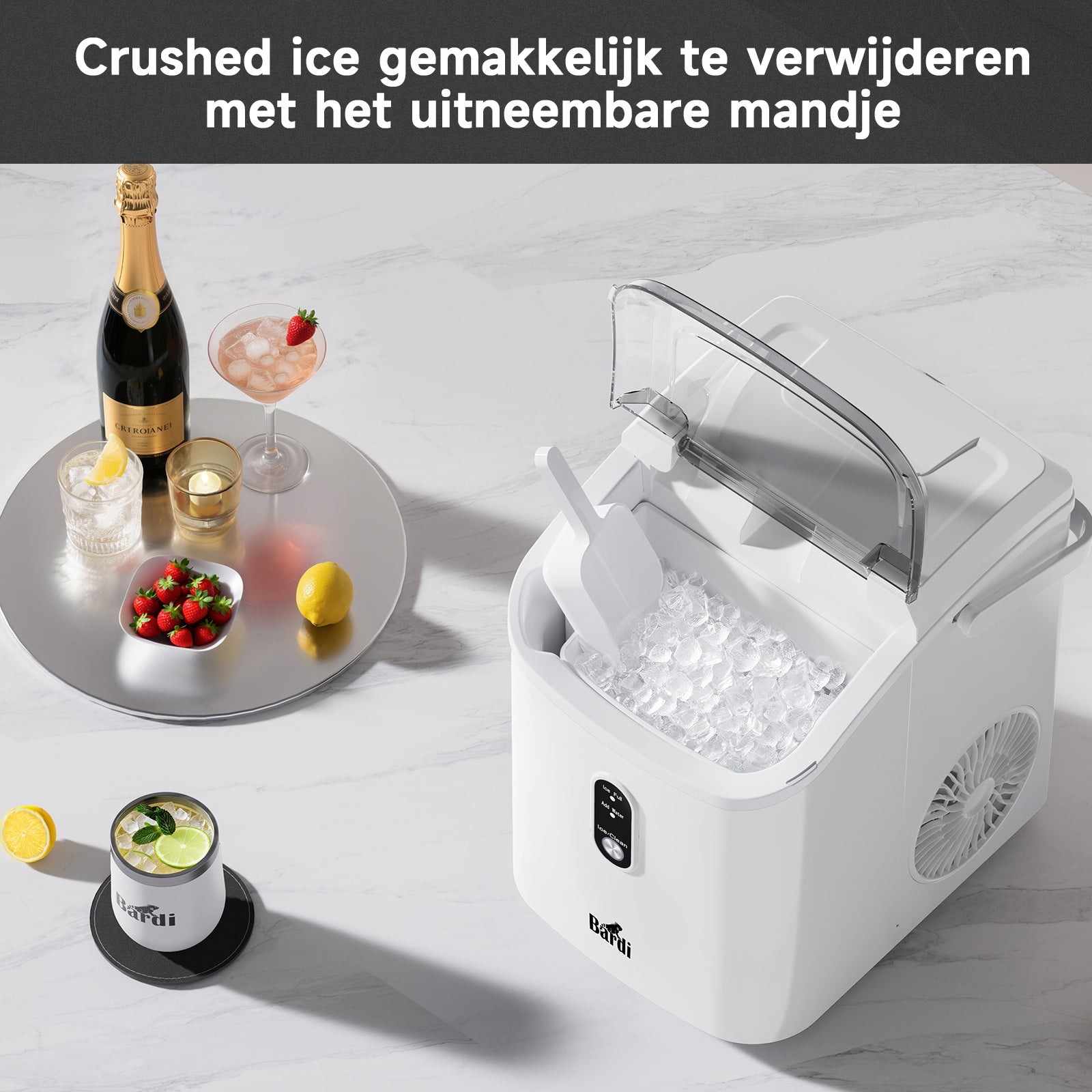 Bardi 1.1L - Nugget IJsblokjesmachine Rond - Crushed Ice Maker met IJsschep - 15kg/24 uur - Ijsblokjesmaker - Met Lux Thermosbeker - WIT  - Citruspers Zwart
